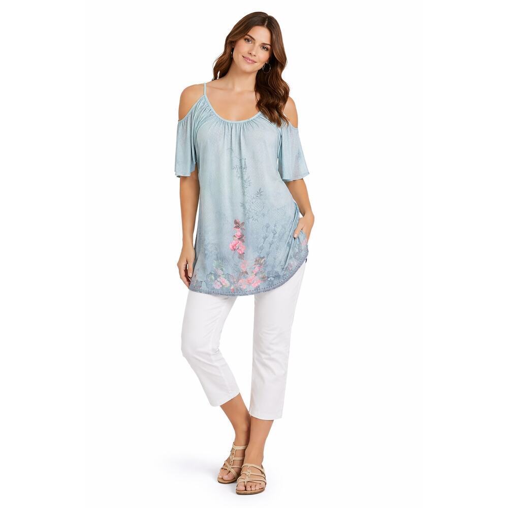 Open Shoulder Blue Green Floral Paisley Silky Tunic Dress Boho Sz 3XL